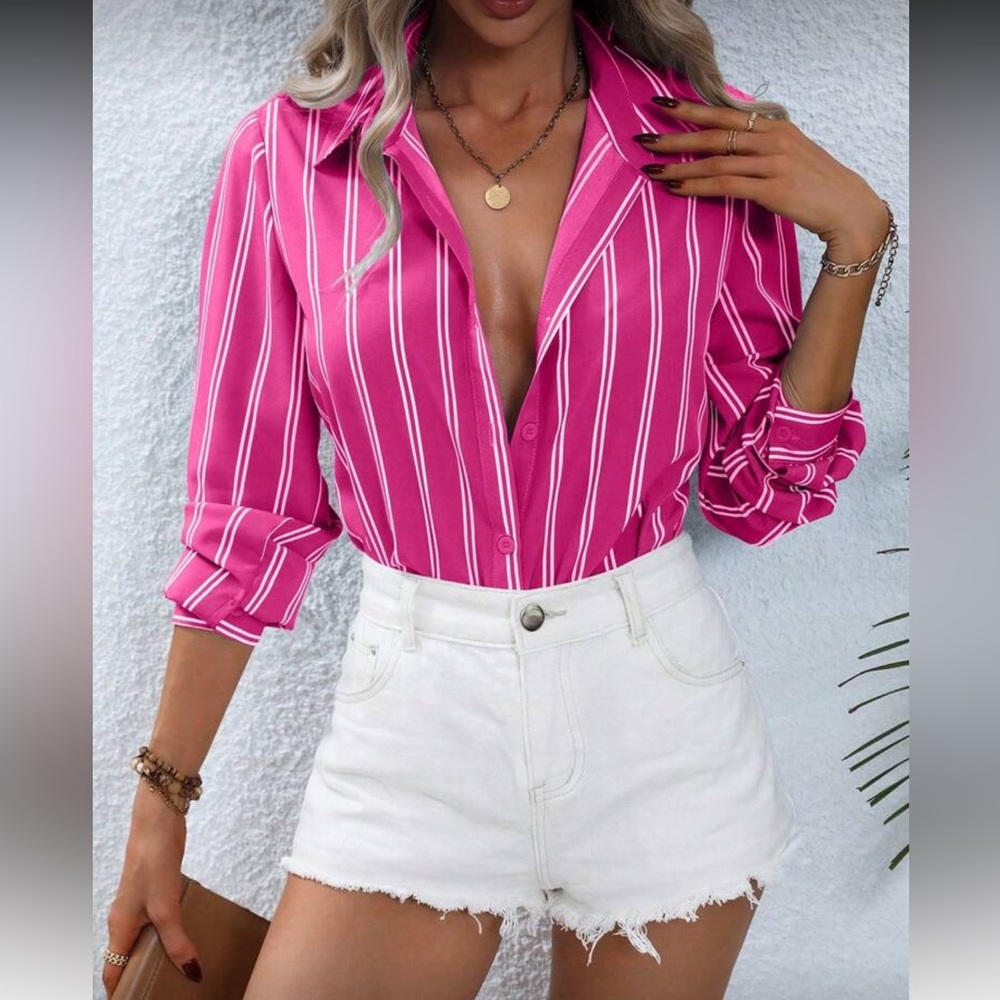 Classic Striped Blouse Button Up Down Shirt Top Blouse Pink